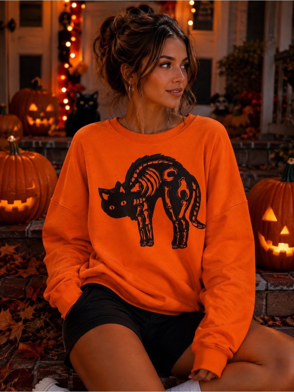 Target Orange Crewneck Sweater with Black Skeleton Cat Graphic